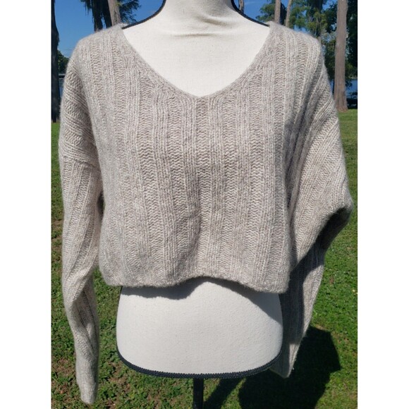 Zara Sweater Womens Medium Beige Chunky Knit Wool Blend Cropped Oversized V-Neck - Picture 1 of 12